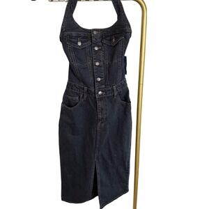 Universal Thread Denim Halter Midi Dress Dark Wash Black Button Front Size 2 NEW